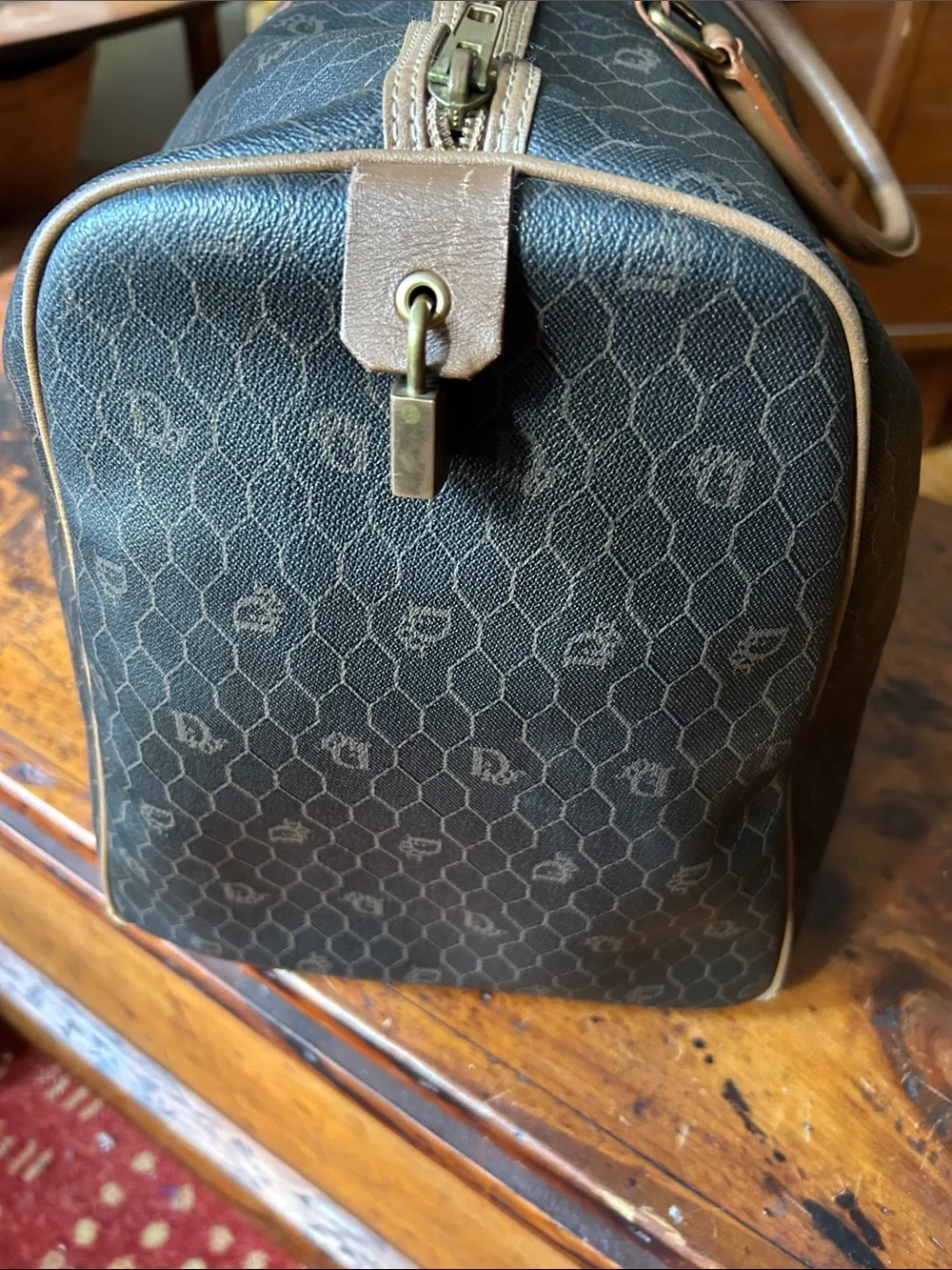 Vintage Christian Dior Black X Brown Monogram Trotter Honeycomb Boston Duffle - Picture 3 of 16